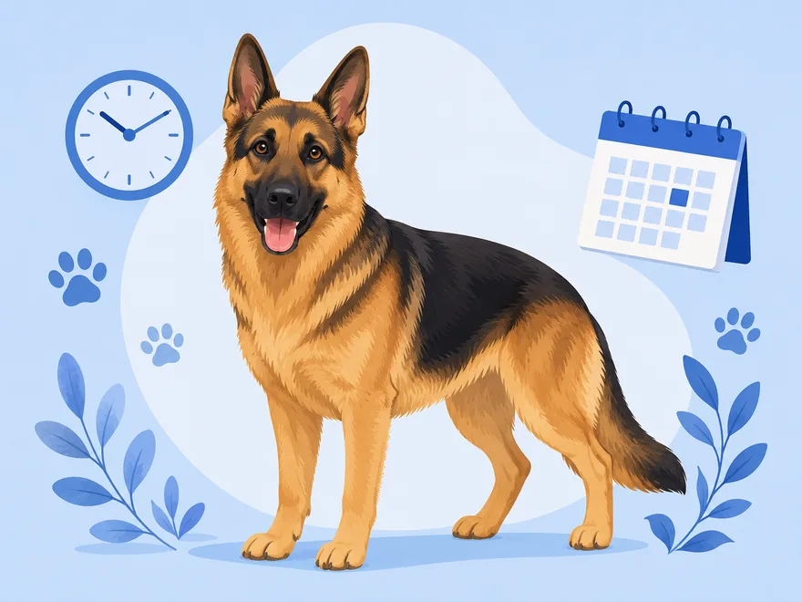 Flat illustration of a German Shepherd beside a wall clock, calendar, and paw prints